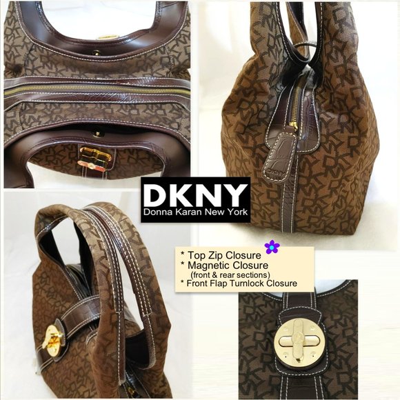 DKNY Brown Hobo Bag Monogram Jacquard Gold Buckle Turnlock Flap Shoulder… - Picture 7 of 13